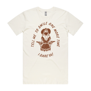Front design of Tell Me To Smile Tee - Natural - Imprint Merch - E-commerce