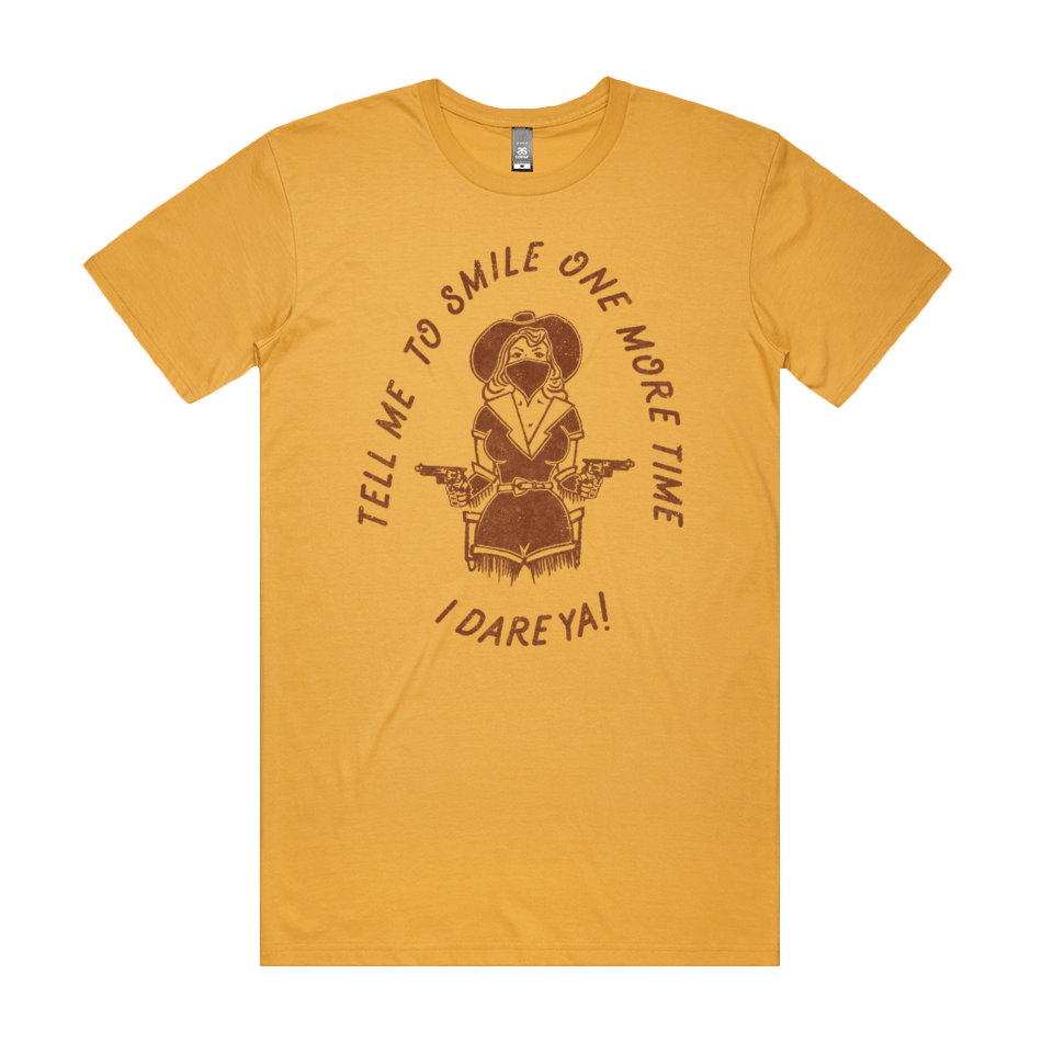 Front design of Tell Me To Smile Tee - Mustard - Imprint Merch - E-commerce
