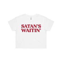 Load image into Gallery viewer, Front design of Satan's Waitin' Crop Tee - Landlocked Apparel - Imprint Merch - E-commerce