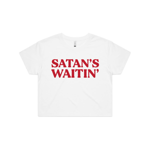 Front design of Satan's Waitin' Crop Tee - Landlocked Apparel - Imprint Merch - E-commerce